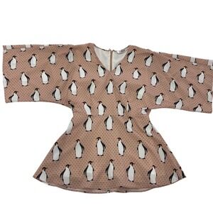 eShakti Blouse Womens Size 0 Penguin Print Top Beige Pink Wide Sleeve